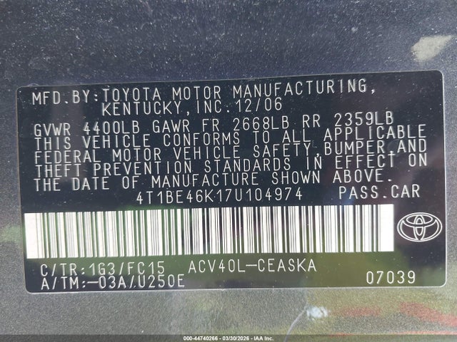 Aukcja sprzedaży 2007 Toyota Camry Se, vin: 4T1BE46K17U104974, numer aukcji: 44740266