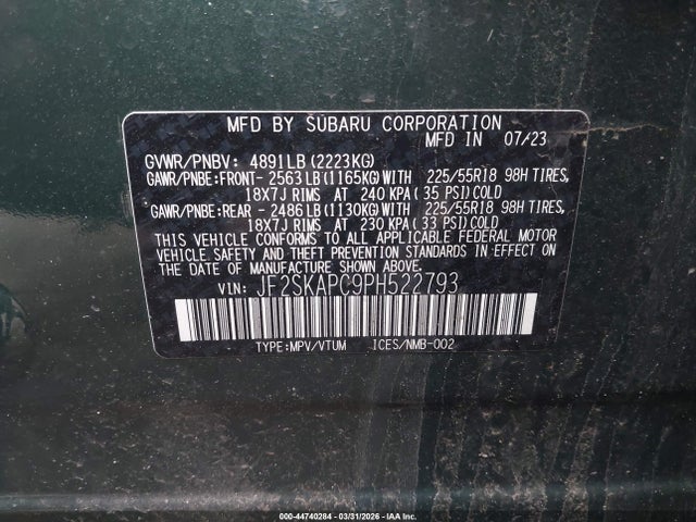 44740284 :رقم المزاد ، JF2SKAPC9PH522793 vin ، 2023 Subaru Forester Limited مزاد بيع