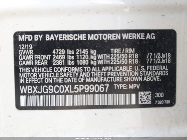 44740285 :رقم المزاد ، WBXJG9C0XL5P99067 vin ، 2020 Bmw X1 Xdrive28i مزاد بيع