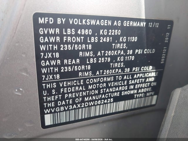 Aukcja sprzedaży 2013 Volkswagen Tiguan Se, vin: WVGBV3AX2DW062425, numer aukcji: 44740290