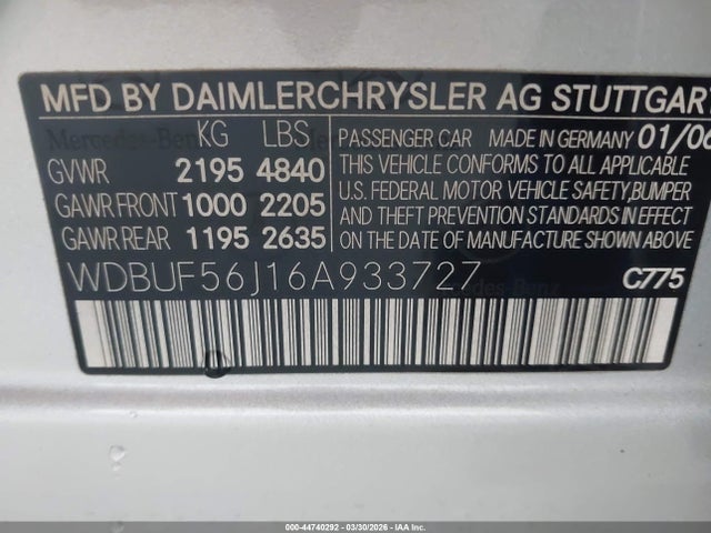 44740292 :رقم المزاد ، WDBUF56J16A933727 vin ، 2006 Mercedes-benz E 350 مزاد بيع