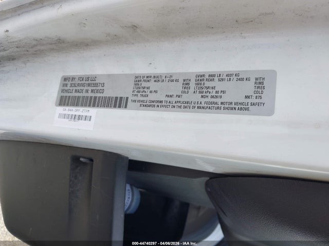 44740297 :رقم المزاد ، 3C6LRVVG1ME555713 vin ، 2021 Ram Promaster 2500 Low Roof 136 Wb مزاد بيع