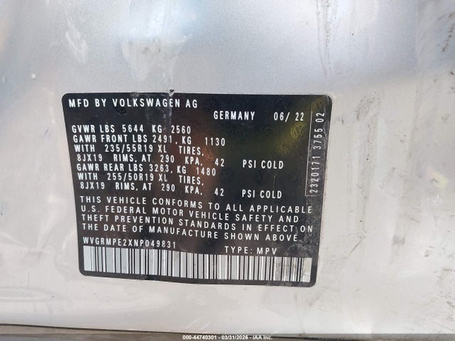 2022 Volkswagen Id.4 Pro მანქანა იყიდება აუქციონზე, vin: WVGRMPE2XNP049831, აუქციონის ნომერი: 44740301