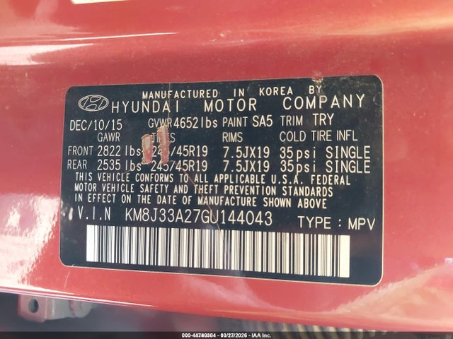 Продаж на аукціоні авто 2016 Hyundai Tucson Limited, vin: KM8J33A27GU144043, номер лоту: 44740304