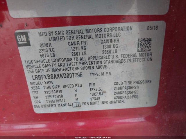 44740311 :رقم المزاد ، LRBFXBSAXKD007796 vin ، 2019 Buick Envision Fwd Preferred مزاد بيع