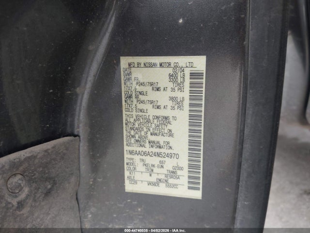 2004 Nissan Titan Xe მანქანა იყიდება აუქციონზე, vin: 1N6AA06A24N524970, აუქციონის ნომერი: 44740335