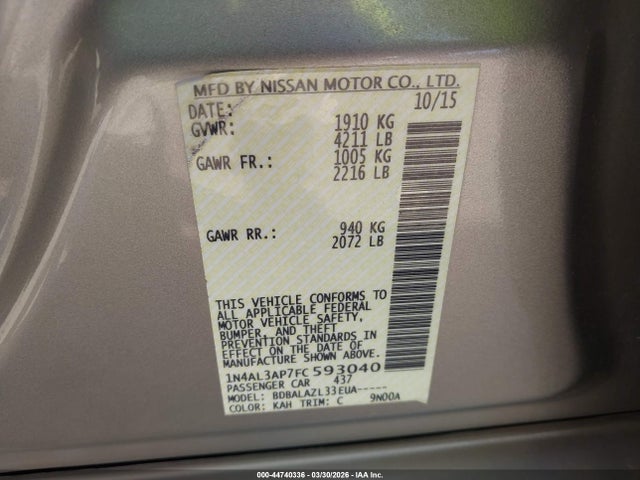 Продажа на аукционе авто 2015 Nissan Altima 2.5, vin: 1N4AL3AP7FC593040, номер лота: 44740336