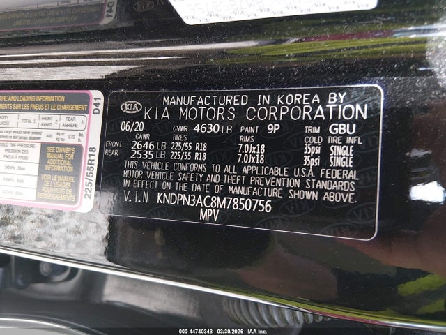 44740348 :رقم المزاد ، KNDPN3AC8M7850756 vin ، 2021 Kia Sportage Ex مزاد بيع