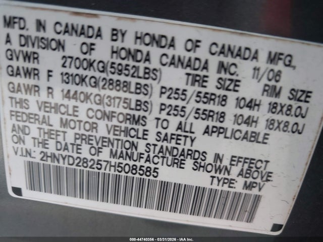 Продаж на аукціоні авто 2007 Acura Mdx, vin: 2HNYD28257H508585, номер лоту: 44740356