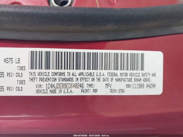 Auction sale of the 2014 Jeep Compass Latitude, vin: 1C4NJDEB9ED648246, lot number: 44740358