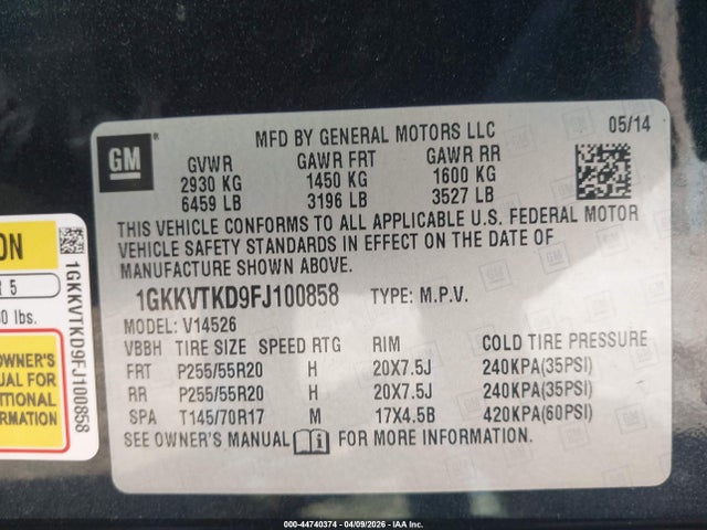 Продажа на аукционе авто 2015 Gmc Acadia Denali, vin: 1GKKVTKD9FJ100858, номер лота: 44740374