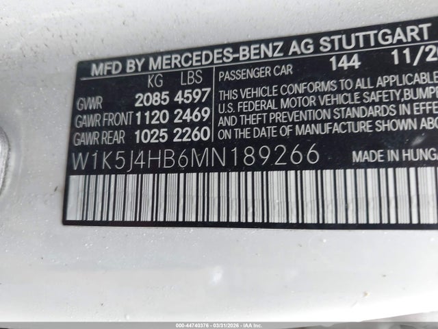 2021 Mercedes-benz Cla 250 4matic მანქანა იყიდება აუქციონზე, vin: W1K5J4HB6MN189266, აუქციონის ნომერი: 44740376