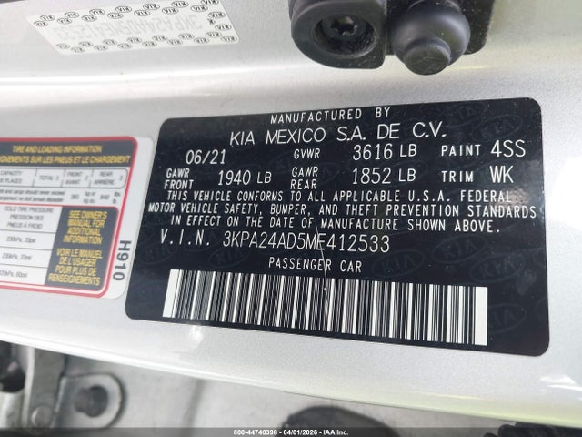 Aukcja sprzedaży 2021 Kia Rio Lx, vin: 3KPA24AD5ME412533, numer aukcji: 44740398