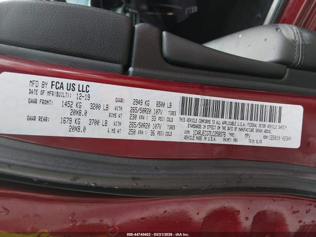 2020 Jeep Grand Cherokee High Altitude 4x2 მანქანა იყიდება აუქციონზე, vin: 1C4RJECG7LC258576, აუქციონის ნომერი: 44740402