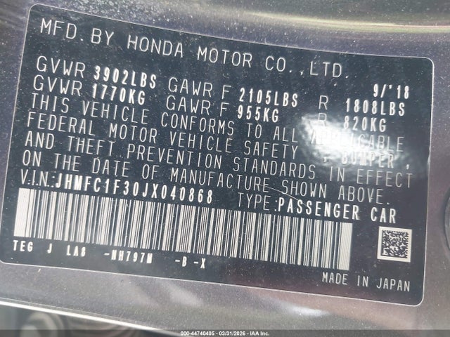 Honda Civic Ex-t 2018 JHMFC1F30JX040868 Image 9