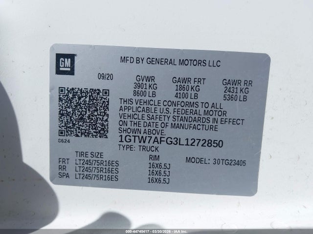 Продаж на аукціоні авто 2020 Gmc Savana Cargo Rwd 2500 Regular Wheelbase Work Van, vin: 1GTW7AFG3L1272850, номер лоту: 44740417