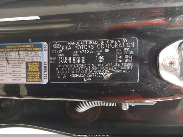 44740454 :رقم المزاد ، KNDPMCAC5H7267781 vin ، 2017 Kia Sportage Lx مزاد بيع
