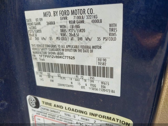 44740459 :رقم المزاد ، 1FTPW12V89KC77525 vin ، 2009 Ford F-150 King Ranch/lariat/platinum/xl/xlt مزاد بيع