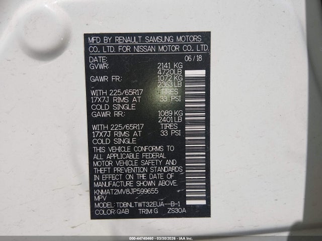 2018 Nissan Rogue Sv მანქანა იყიდება აუქციონზე, vin: KNMAT2MV8JP599655, აუქციონის ნომერი: 44740460
