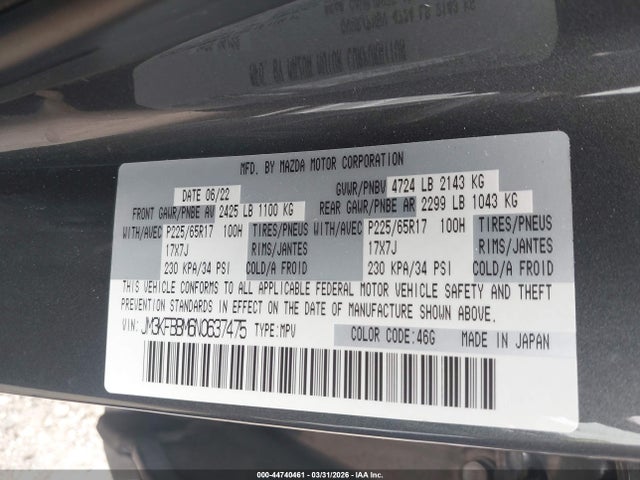 44740461 :رقم المزاد ، JM3KFBBM6N0637475 vin ، 2022 Mazda Cx-5 2.5 S Select مزاد بيع
