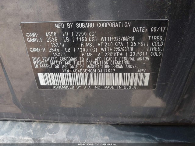 44740480 :رقم المزاد ، 4S4BSENC8H3417617 vin ، 2017 Subaru Outback 3.6r Limited مزاد بيع