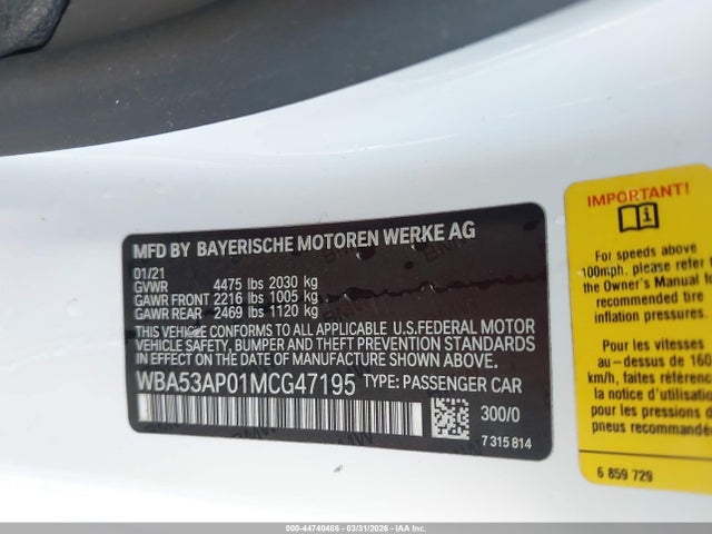 2021 Bmw 430i მანქანა იყიდება აუქციონზე, vin: WBA53AP01MCG47195, აუქციონის ნომერი: 44740486