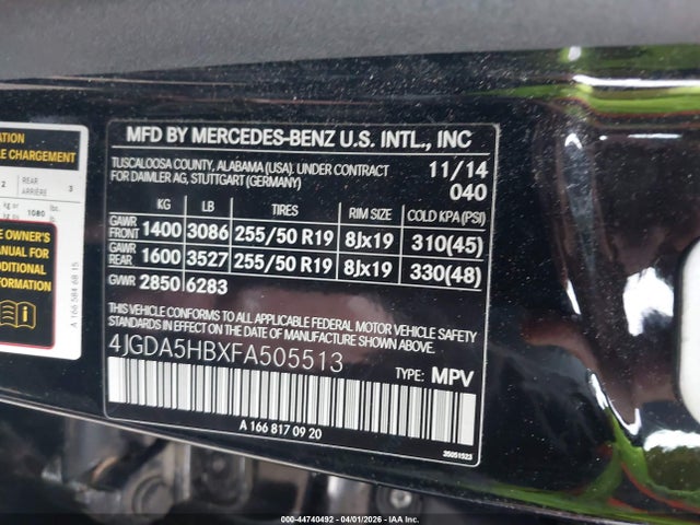 44740492 :رقم المزاد ، 4JGDA5HBXFA505513 vin ، 2015 Mercedes-benz Ml 350 4matic مزاد بيع