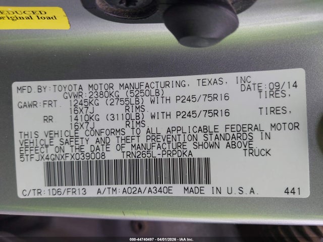 44740497 :رقم المزاد ، 5TFJX4GNXFX039008 vin ، 2015 Toyota Tacoma Prerunner مزاد بيع