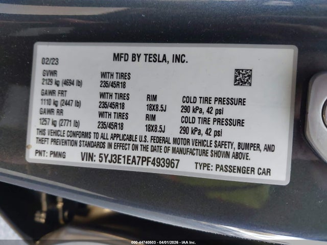 Продажа на аукционе авто 2023 Tesla Model 3 Rear-wheel Drive, vin: 5YJ3E1EA7PF493967, номер лота: 44740503