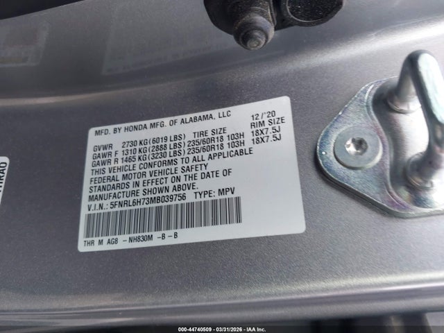2021 Honda Odyssey Ex-l მანქანა იყიდება აუქციონზე, vin: 5FNRL6H73MB039756, აუქციონის ნომერი: 44740509