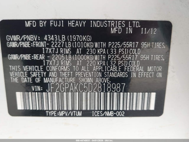 Aukcja sprzedaży 2013 Subaru Xv Crosstrek 2.0i Limited, vin: JF2GPAKC5D2818987, numer aukcji: 44740531