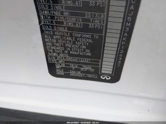 44740537 :رقم المزاد ، 3PCAJ5M36KF126337 vin ، 2019 Infiniti Qx50 Essential مزاد بيع