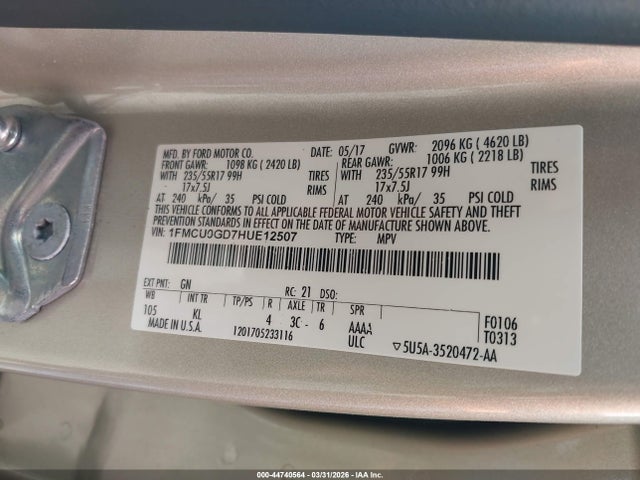 Aukcja sprzedaży 2017 Ford Escape Se, vin: 1FMCU0GD7HUE12507, numer aukcji: 44740564