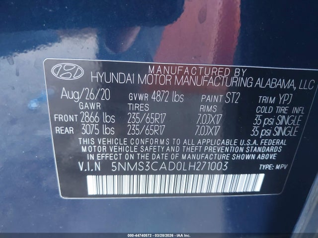 Aukcja sprzedaży 2020 Hyundai Santa Fe Sel, vin: 5NMS3CAD0LH271003, numer aukcji: 44740572