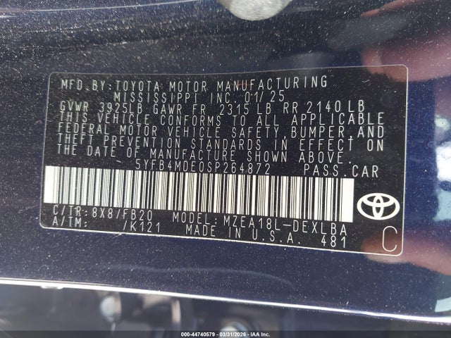 44740579 :رقم المزاد ، 5YFB4MDE0SP264872 vin ، 2025 Toyota Corolla Le مزاد بيع