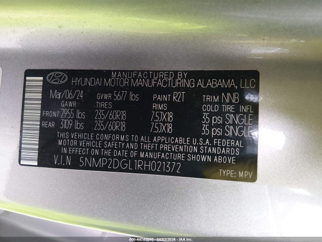 2024 Hyundai Santa Fe Sel მანქანა იყიდება აუქციონზე, vin: 5NMP2DGL1RH021372, აუქციონის ნომერი: 44740580