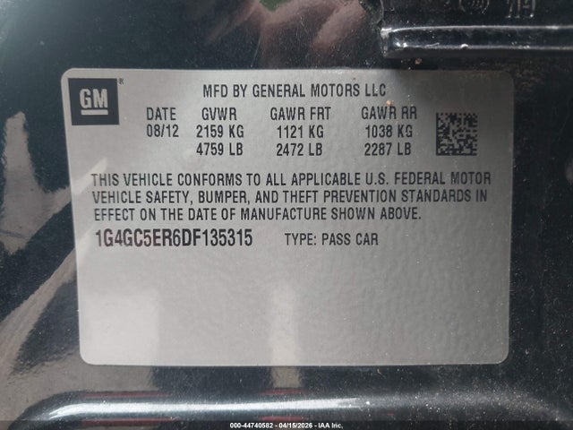 Продажа на аукционе авто 2013 Buick Lacrosse Leather Group, vin: 1G4GC5ER6DF135315, номер лота: 44740582