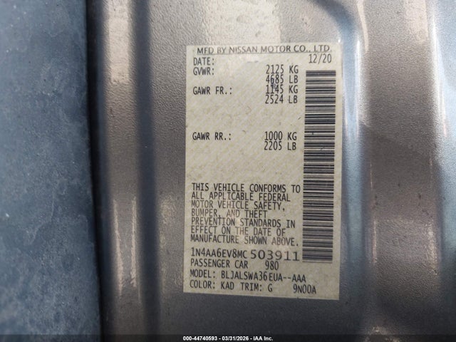 Aukcja sprzedaży 2021 Nissan Maxima Sr Xtronic Cvt, vin: 1N4AA6EV8MC503911, numer aukcji: 44740593