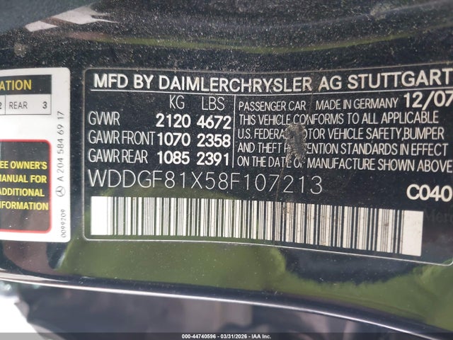 Продаж на аукціоні авто 2008 Mercedes-benz C 300 4matic, vin: WDDGF81X58F107213, номер лоту: 44740596