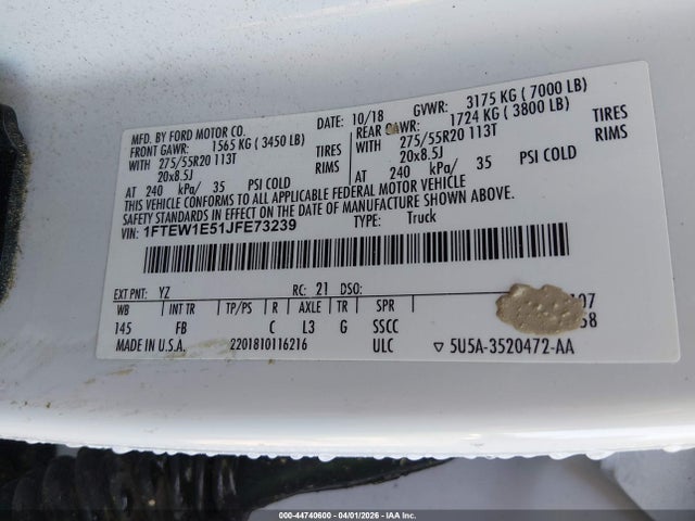 44740600 :رقم المزاد ، 1FTEW1E51JFE73239 vin ، 2018 Ford F-150 Xlt مزاد بيع