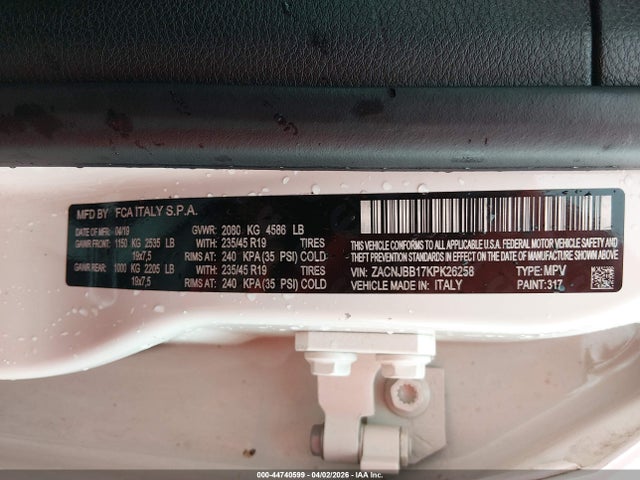 44740599 :رقم المزاد ، ZACNJBB17KPK26258 vin ، 2019 Jeep Renegade Limited 4x4 مزاد بيع