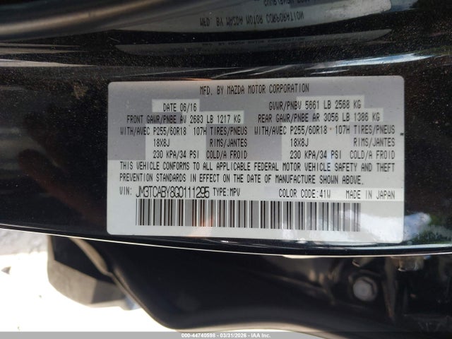 Продажа на аукционе авто 2016 Mazda Cx-9 Sport, vin: JM3TCABY8G0111295, номер лота: 44740598