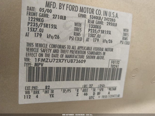 44740608 :رقم المزاد ، 1FMZU72X7YUB73609 vin ، 2000 Ford Explorer Xls مزاد بيع