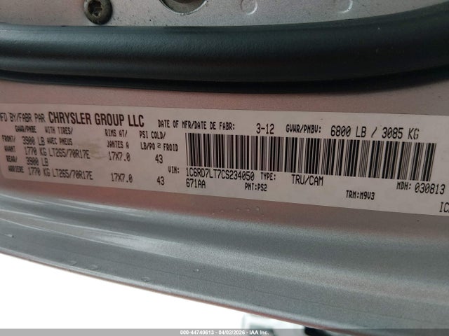 2012 Ram 1500 Slt მანქანა იყიდება აუქციონზე, vin: 1C6RD7LT7CS234050, აუქციონის ნომერი: 44740613