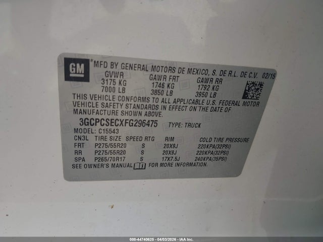 Aukcja sprzedaży 2015 Chevrolet Silverado 1500 1lz, vin: 3GCPCSECXFG296475, numer aukcji: 44740625