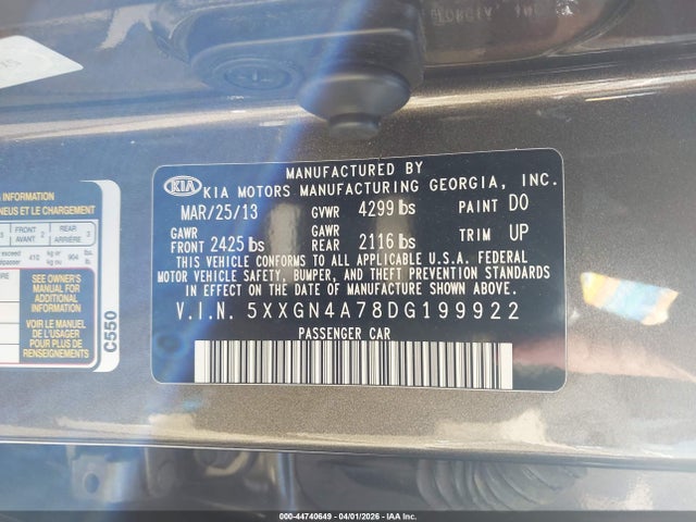 Продажа на аукционе авто 2013 Kia Optima Ex, vin: 5XXGN4A78DG199922, номер лота: 44740649