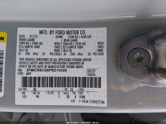 44740674 :رقم المزاد ، 3FMCR9C66PRD14300 vin ، 2023 Ford Bronco Sport Outer Banks مزاد بيع