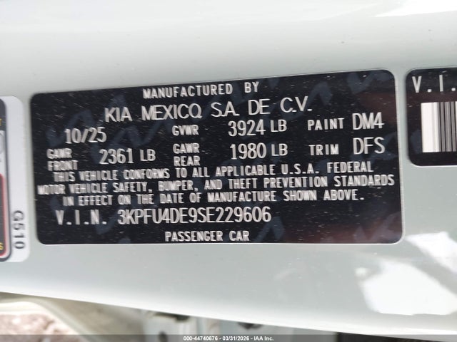 Продажа на аукционе авто 2025 Kia K4 Ex, vin: 3KPFU4DE9SE229606, номер лота: 44740676