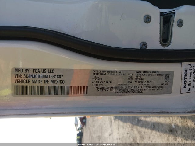 Продаж на аукціоні авто 2021 Jeep Compass Altitude Fwd, vin: 3C4NJCBB0MT531887, номер лоту: 44740680