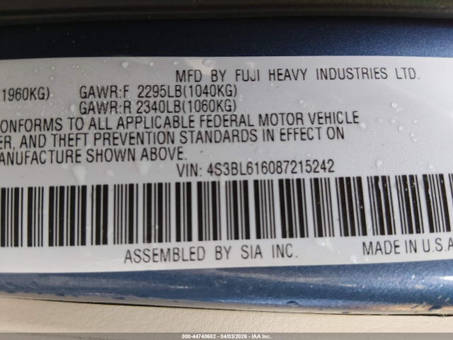 44740682 :رقم المزاد ، 4S3BL616087215242 vin ، 2008 Subaru Legacy 2.5i مزاد بيع